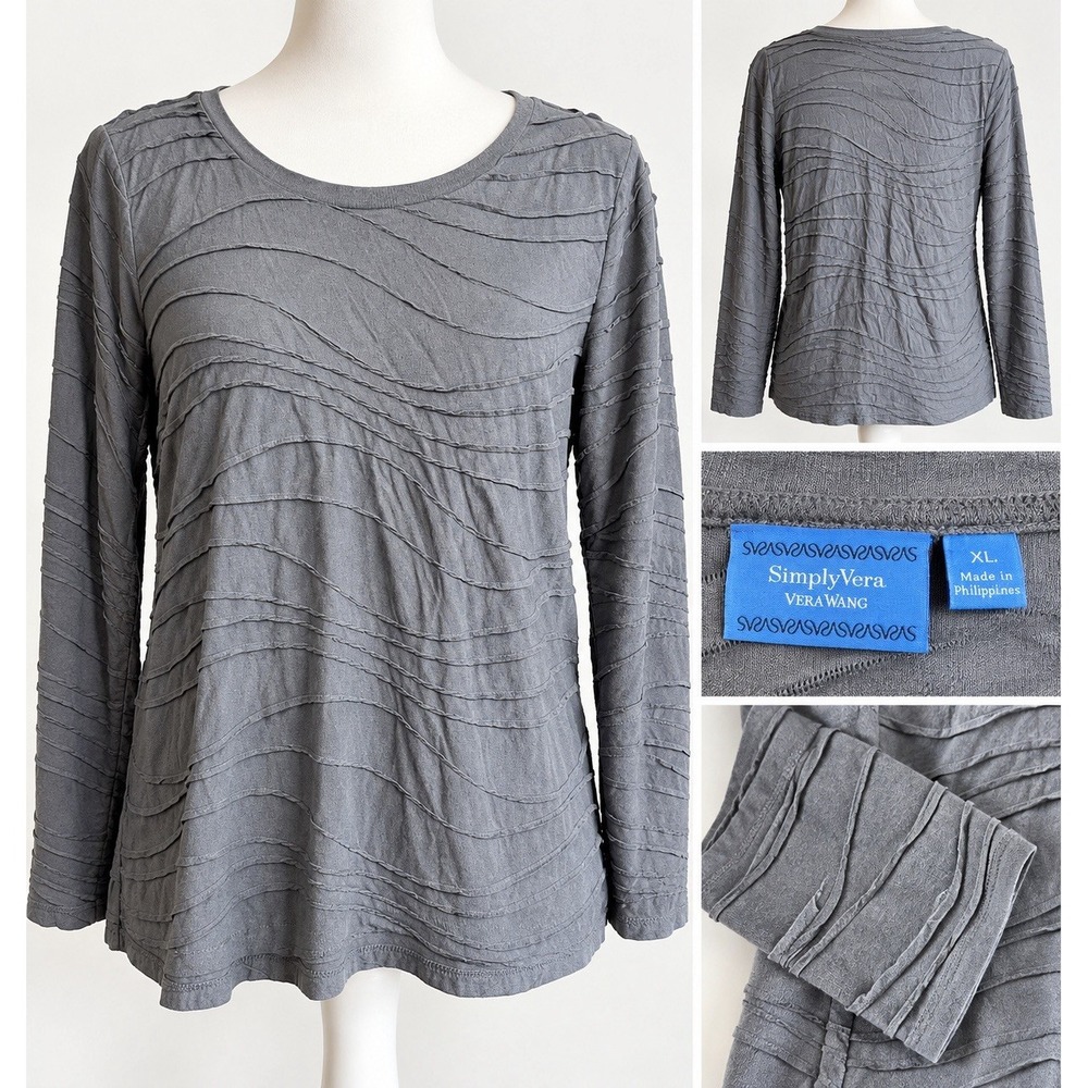 Simply Vera Vera Wang Gray Wavy Textured Long Sleeve Top Crew Neck Shirt XL